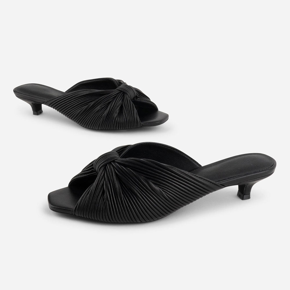 Women's Black Knot Detail Peep Toe Pleated Mule Kitten Heels