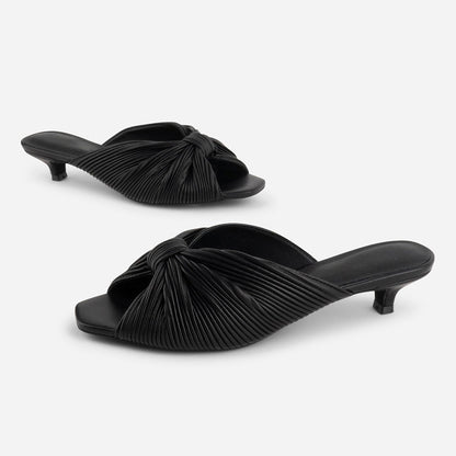 Women's Black Knot Detail Peep Toe Pleated Mule Kitten Heels