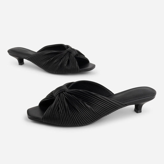 Women's Black Knot Detail Peep Toe Pleated Mule Kitten Heels