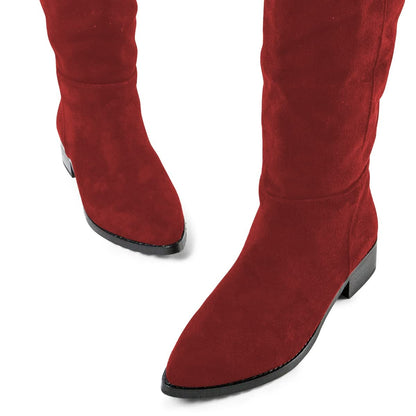 Red Vegan Suede Pointed Toe Chunky Heel Knee High Boots for Women