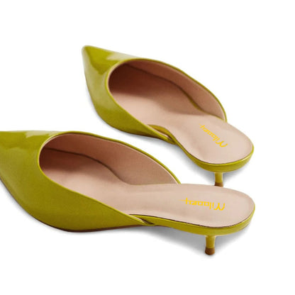 Women's Lemon Green Vegan Leather Low Heel Pointy Toe Mules Shoes