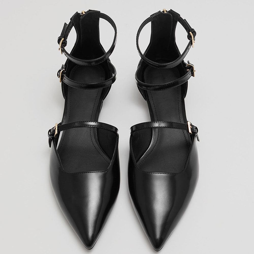 Women's Pointed Toe Buckle Multi-Strap Flat Black Pumps