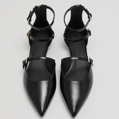 Women's Pointed Toe Buckle Multi-Strap Flat Black Pumps