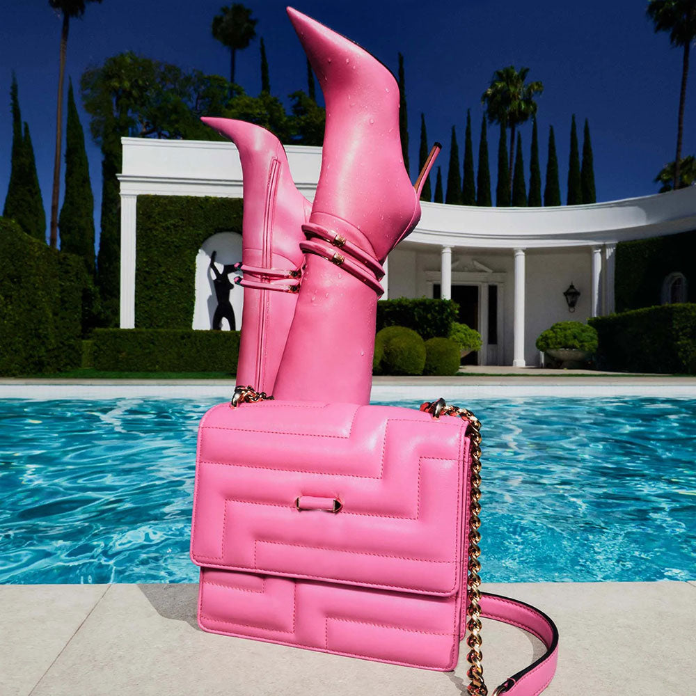 Stylish Pink Pointed Toe Strap Decor Stiletto Heel Knee High Boots