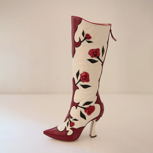 Red and Ivory Pointed Toe Rose Spool Heel Zipper Knee High Boots