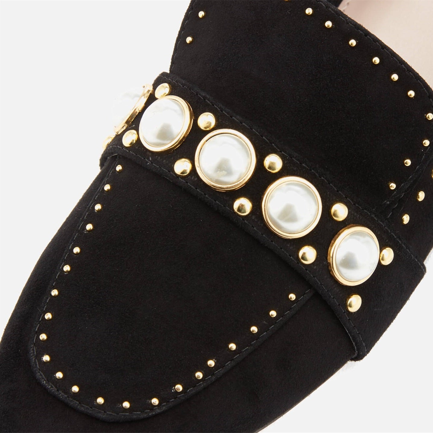 Black Vegan Suede Pearl Studded Embellished Flat Women's Loafers