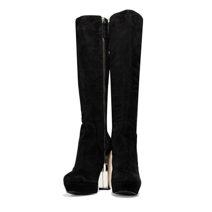 Black Vegan Suede Chunky Heel Knee High Boots with Platform