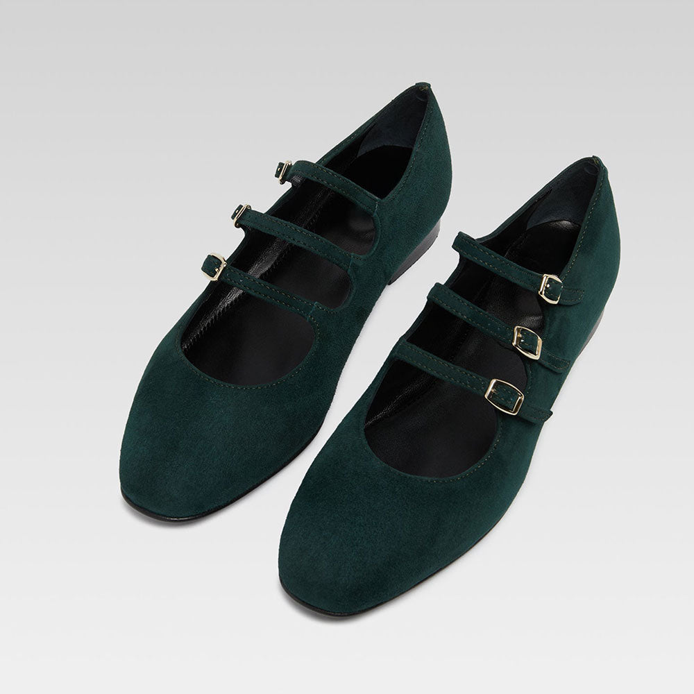 Dark Green Vegan Suede Square Toe Mary Jane Flats with Buckles