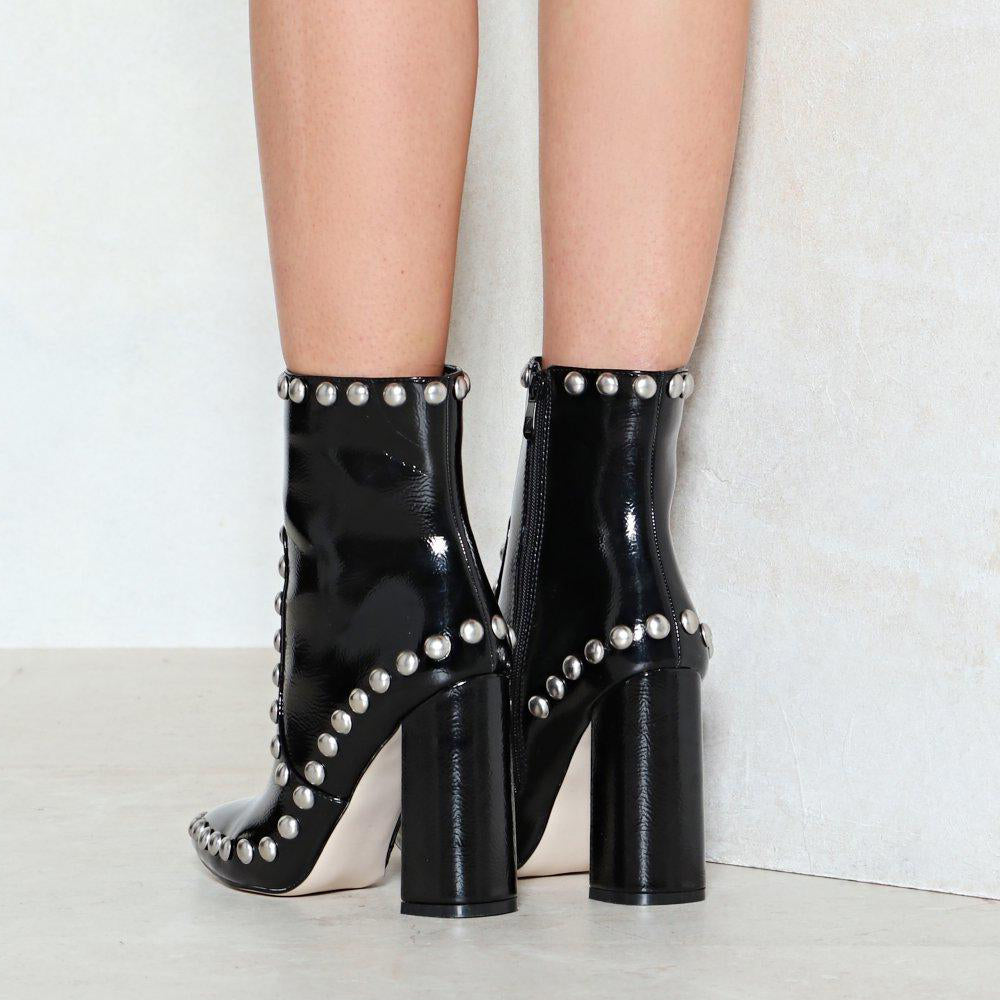 Black Patent Leather Closed Toe 4'' Chunky Heel Studded Ankle Boots