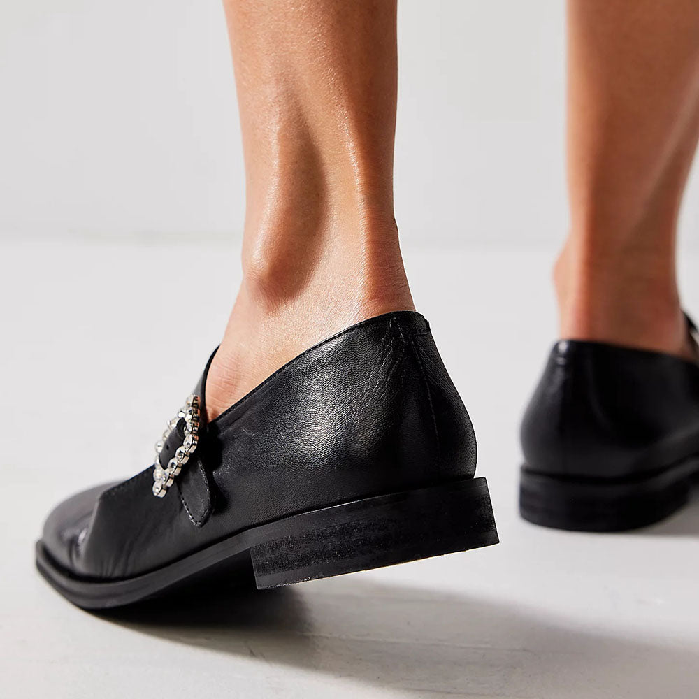 Black Square Toe Buckle Flats Women's Office Mary Jane Shoes