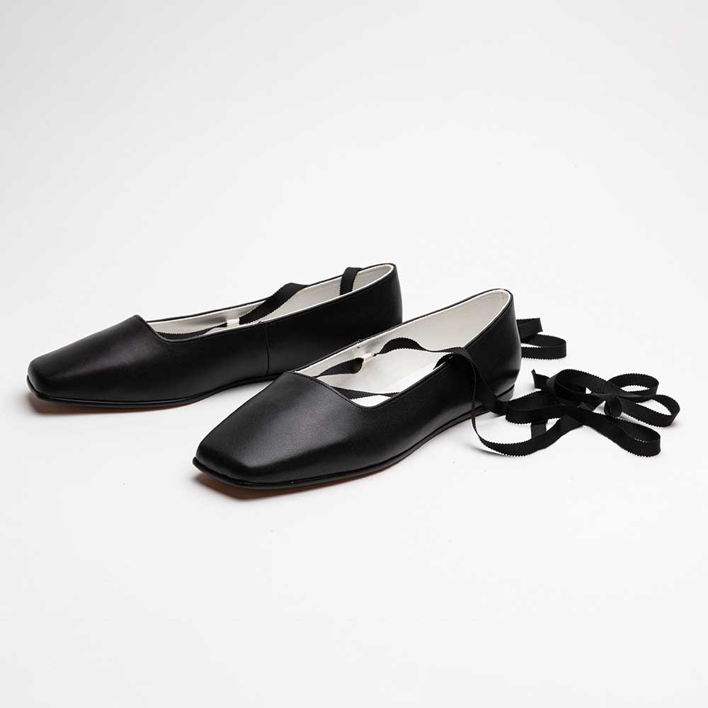 Vegan Leather Square Toe Lace-Up Lady's Ballet Flats in Black