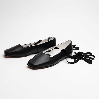 Vegan Leather Square Toe Lace-Up Lady's Ballet Flats in Black