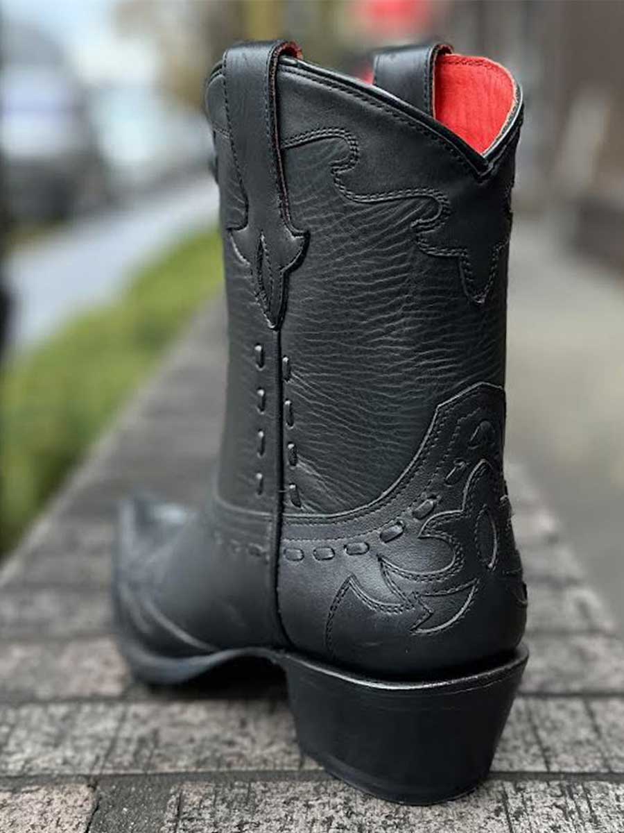 Black Snip Toe Embroidered Cowgirl Ankle Boots with Chunky Heels