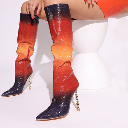 Multicolor Gradient Croco Embossed Decorative Heel Knee High Boots