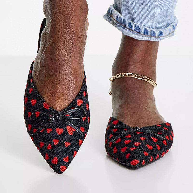 Black & Red Heart Print Shoes Women's Pointed Toe Flat Mules