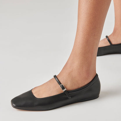 Black Vegan Leather Square Toe Buckled Mary Jane Ballet Flats