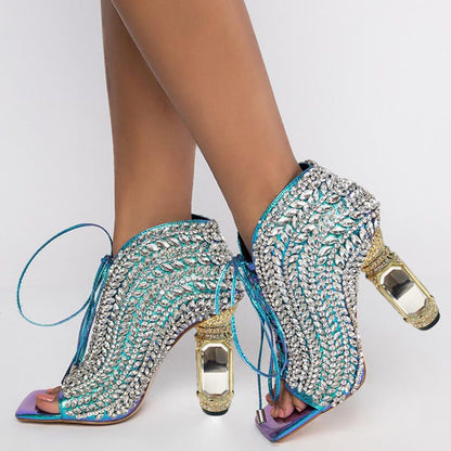Women's Square Toe Rhinestone Lace Up Boots with Sculptural Heel