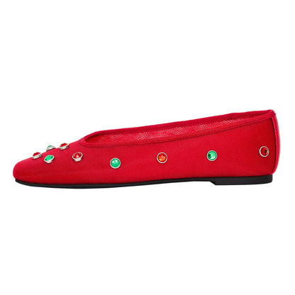 Women's Red Square Toe Mesh Ballet Flats with Colorful Studs