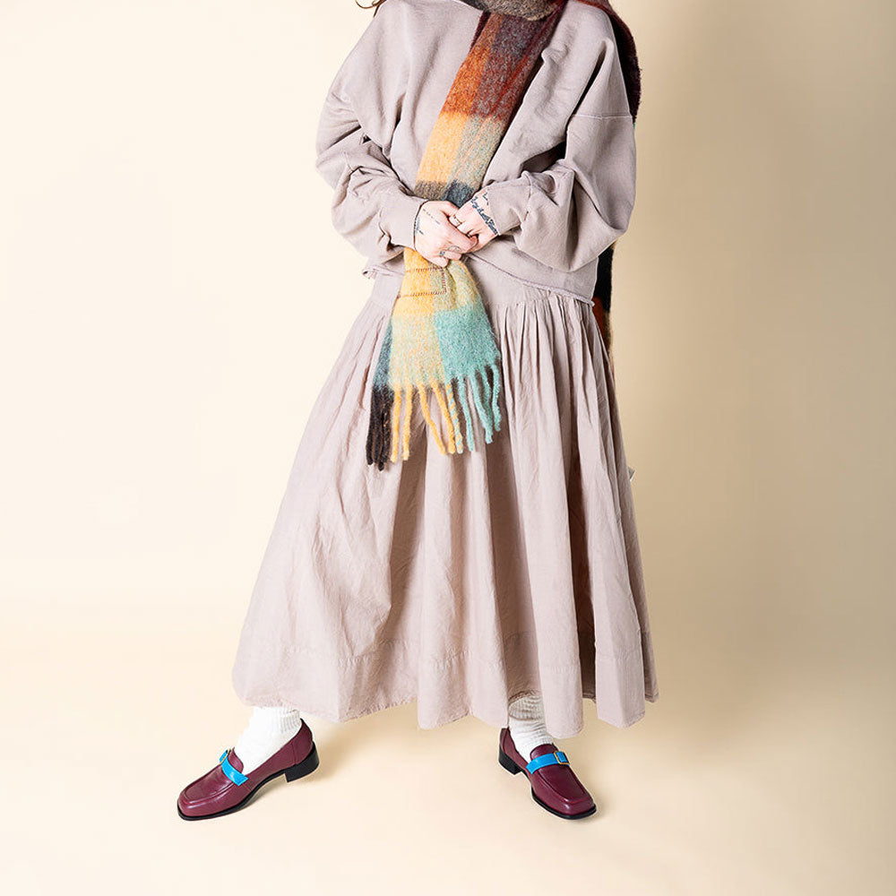 Maroon Square Toe Low Chunky Heel Women's Loafers with Blue Decor