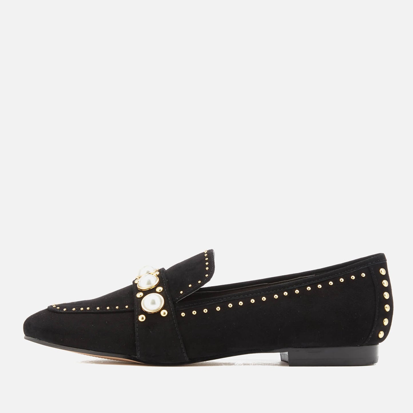 Black Vegan Suede Pearl Studded Embellished Flat Women's Loafers