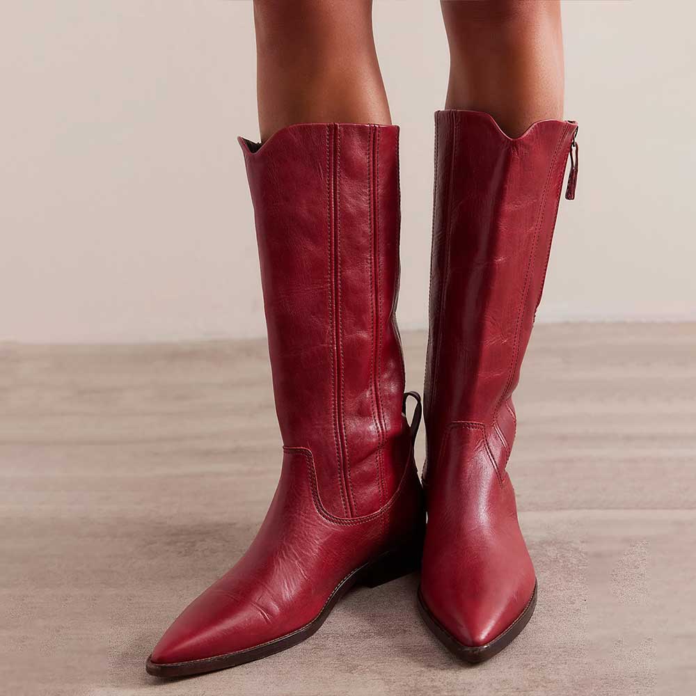 Pull Tab Pointed Toe Low Heel Mid Calf Boots with Zipper in Maroon