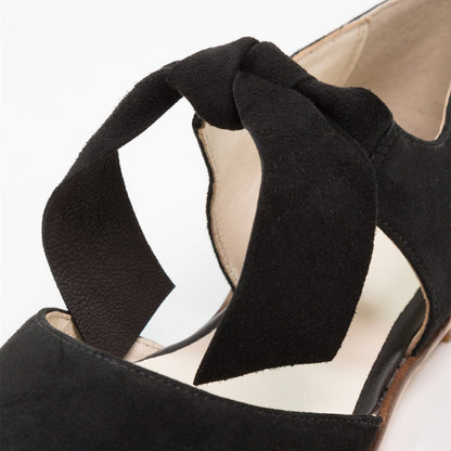 Black Vegan Suede Almond Toe Cutout Lace-Up Flats for Women