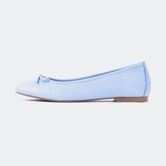Light Blue Vegan Leather Square Toe Ballet Flats with Bow Tie Details