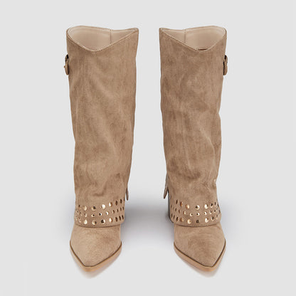 Khaki Vegan Suede Stacked Heel Buckle Studded Fold Over Mid Calf Boots