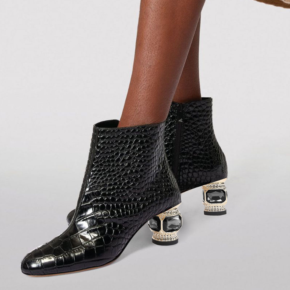 Black Pointed Toe Decorative Heel Side-Zip Ankle Boots