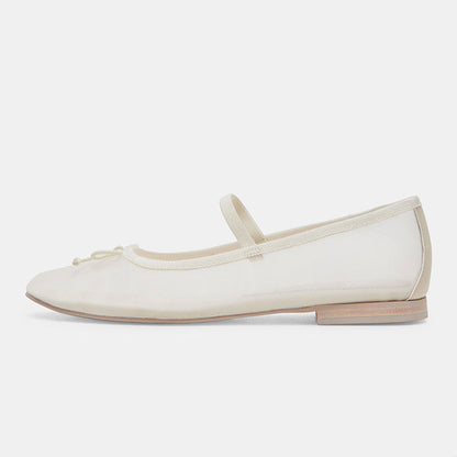 Ivory Mesh Bow Tie Slip-On Round Toe Ballet Flats with Straps