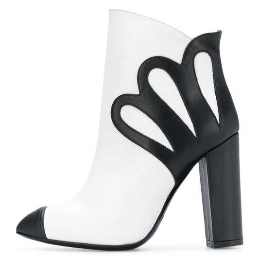 Black and White Cap Toe Side Zip Closure Block Heel Ankle Boots