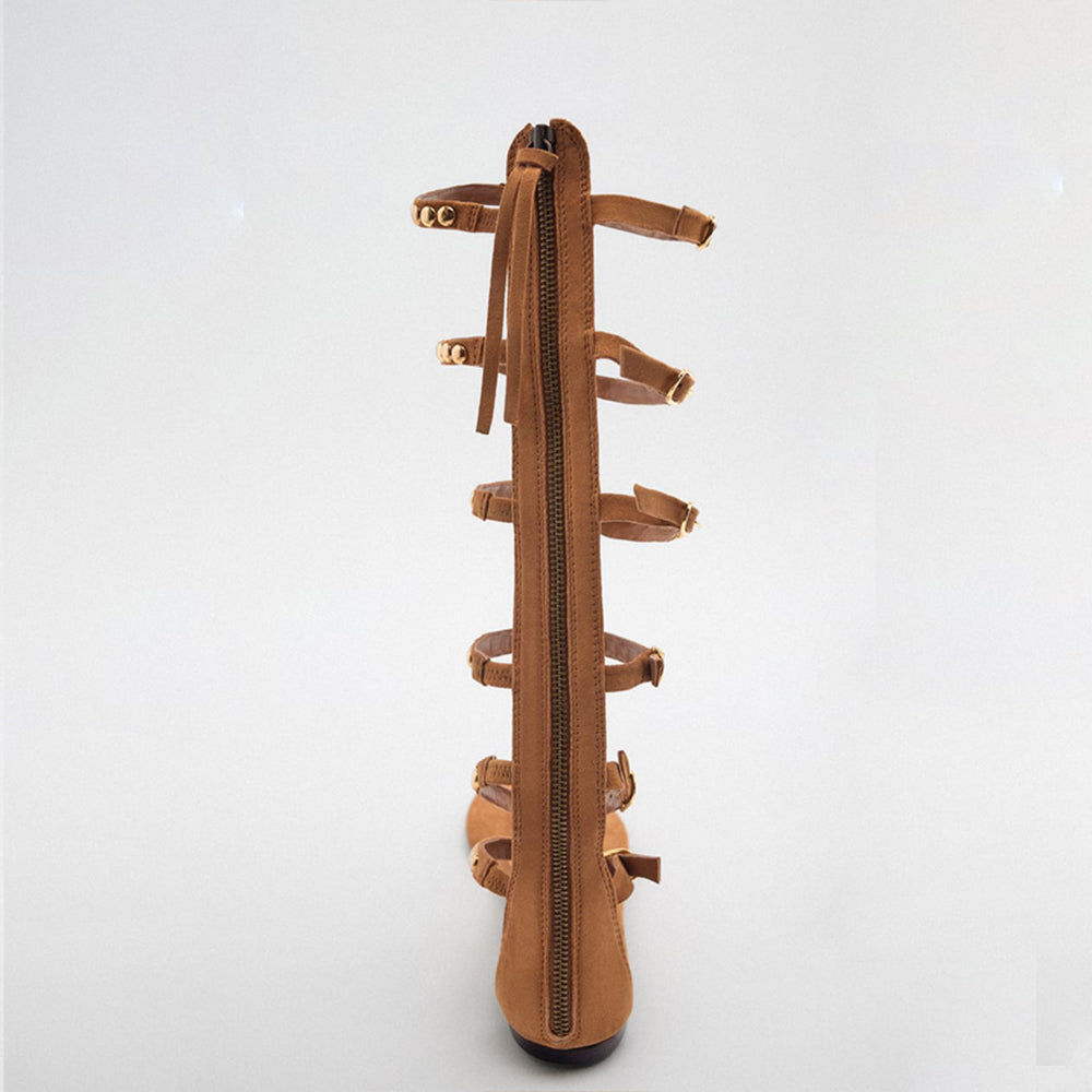 Brown Pointed Toe Strappy Sandals With Rivet Buckles Flats Gladiator Sandals