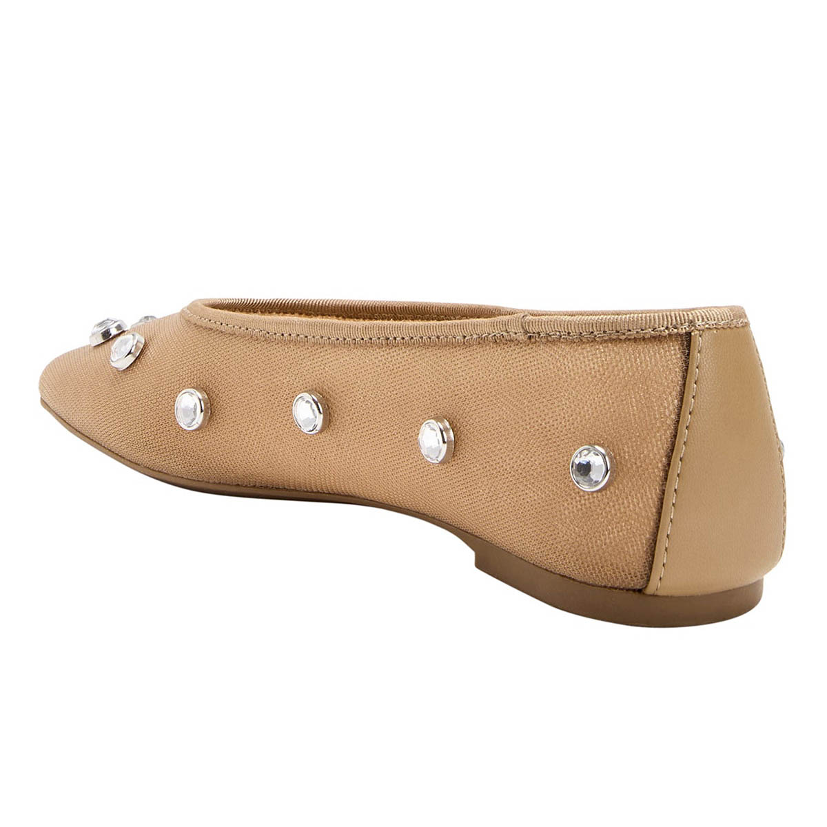 Tan Mesh Studded Rhinestone Square Toe Ballet Flats for Women
