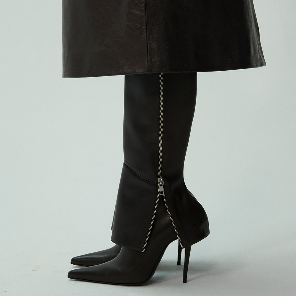 Brown Pointed Toe Stiletto Heel Fold-Over Knee High Boots with Zipper