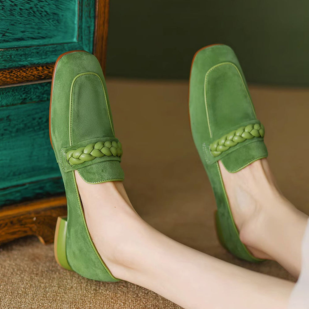 Green Vegan Suede Square Toe Chunky Heel Chain Loafers