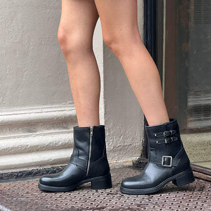 Black Round Toe Low Chunky Heel Buckled Ankle Boots