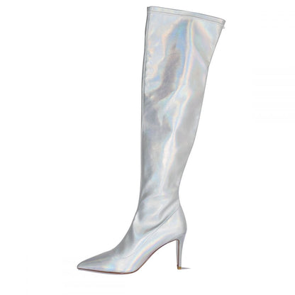Women's Silver Pointed Toe Holographic Over-the-Knee High Heel Boots