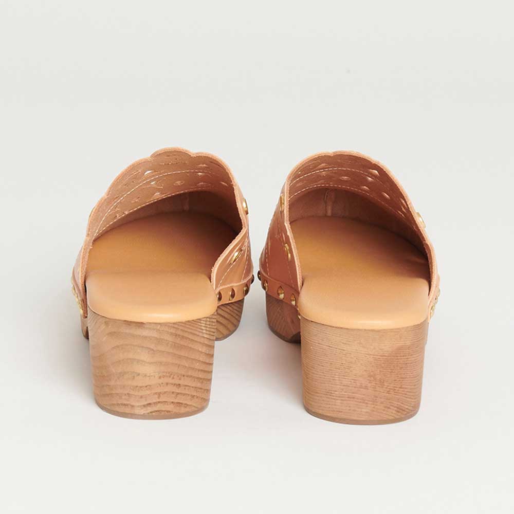 Beige Round Toe Studded Platform Mules Perforated Heeled Clogs