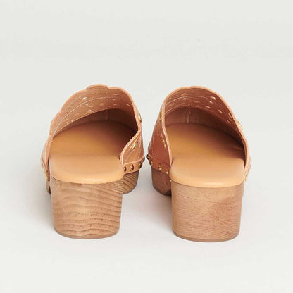 Beige Round Toe Studded Platform Mules Perforated Heeled Clogs