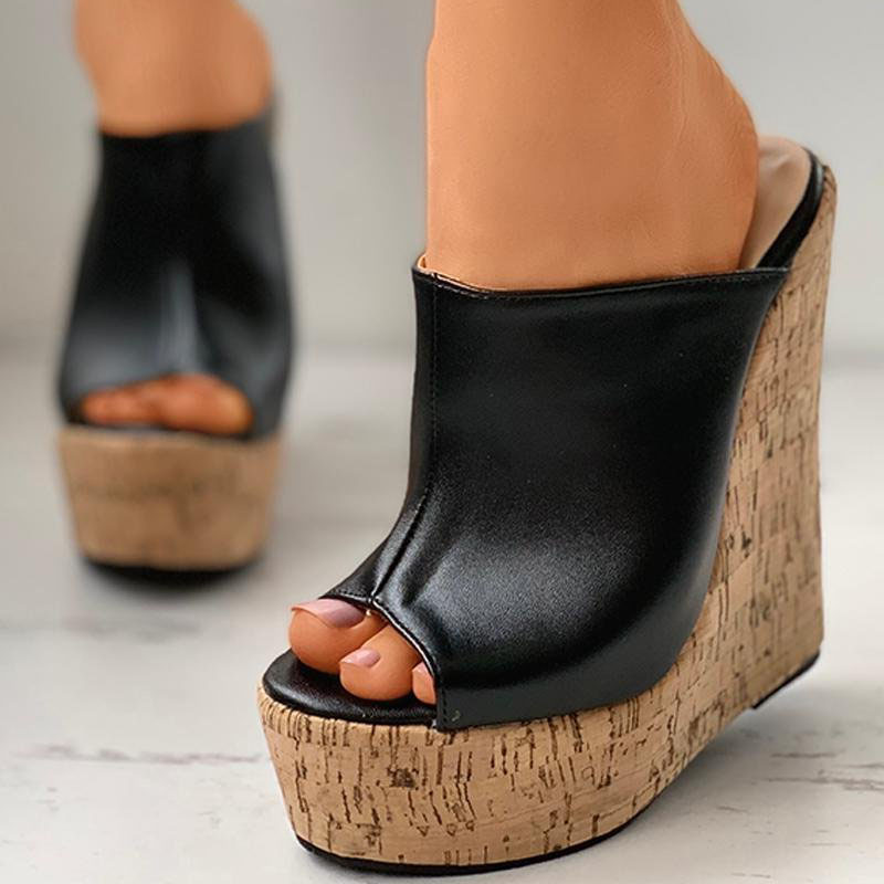 Women's Black Heel Shoes Peep Toe Wide Band Wedge Platform Mules