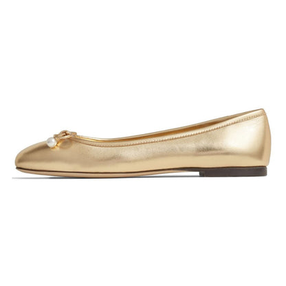 Gold Pearl Rhinestone Bowknot Square Toe Slip-On Ballet Flats