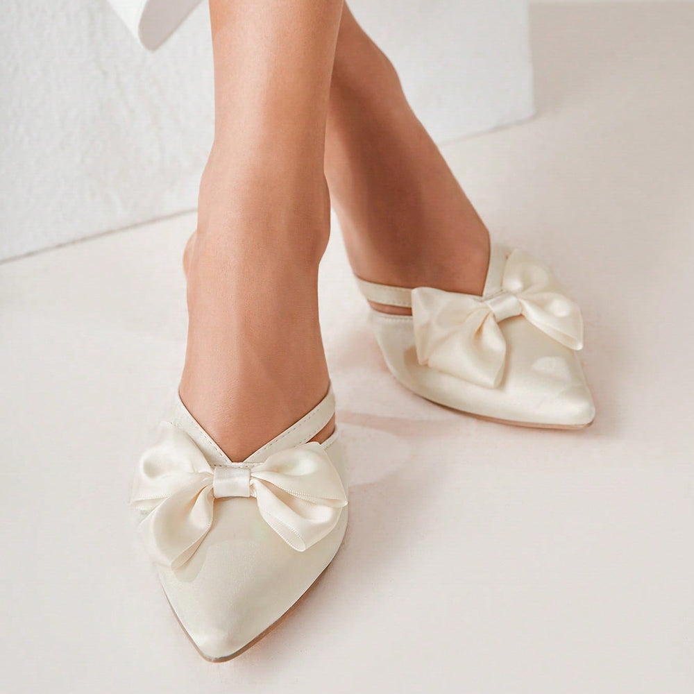 White Satin Closed Pointed Toe Bow Mules With Kitten Heels