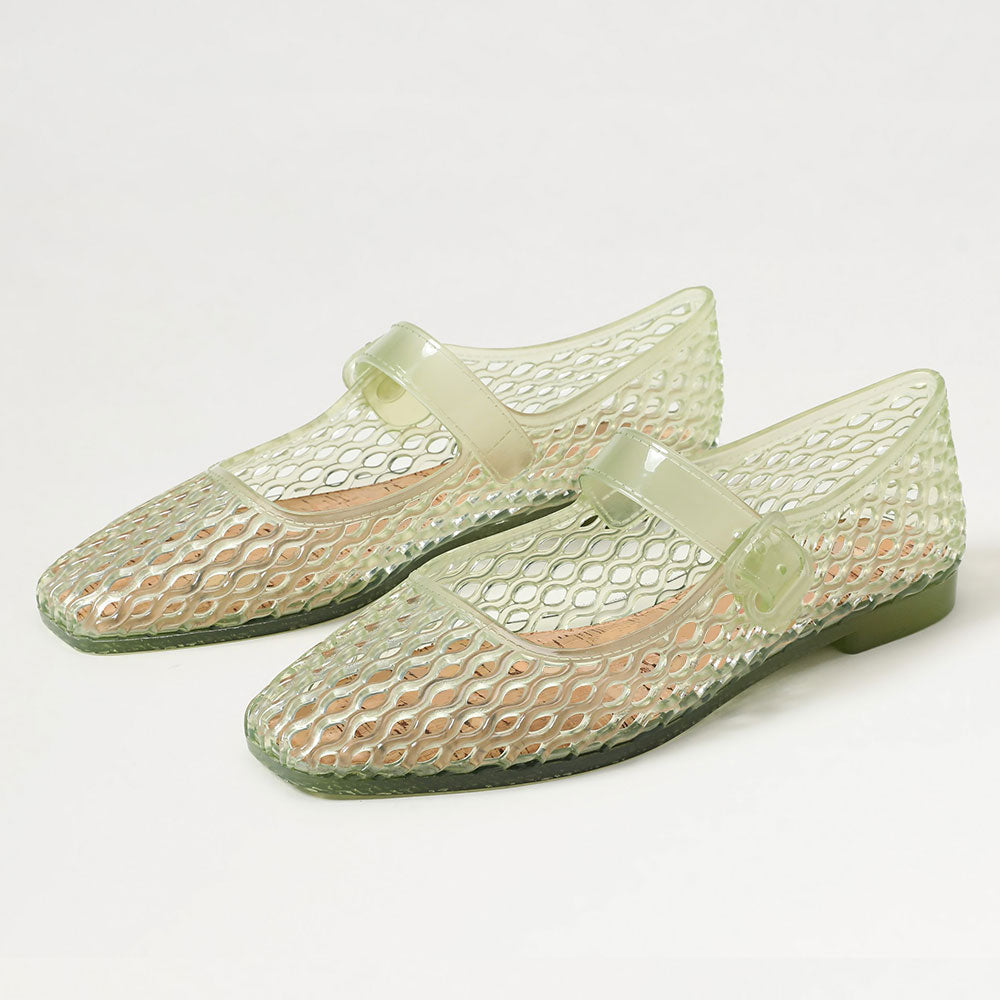 Light Green Square Toe Hollow Out PVC Flats with Buckle Strap