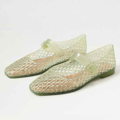 Light Green Square Toe Hollow Out PVC Flats with Buckle Strap