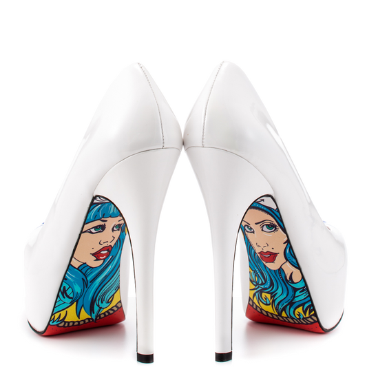 Women's White Stiletto Heels Anchor Print Platform Pumps