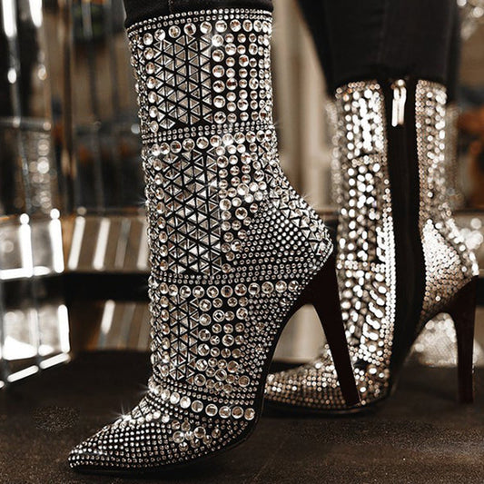 Black Stiletto Heels Pointed Toe Rhinestone Ankle Boots with Zip