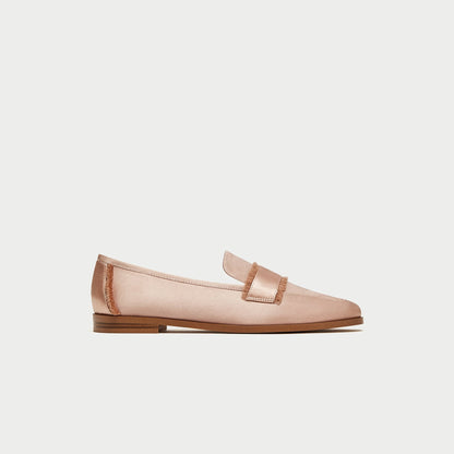 Blush Satin Loafers for Women Cute Round Toe Flats with Fringe
