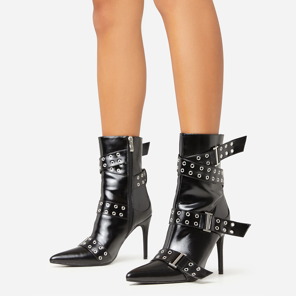 Black Closed Toe Stiletto Heel Studded Ankle Boots with Buckle