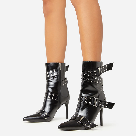 Black Closed Toe Stiletto Heel Studded Ankle Boots with Buckle