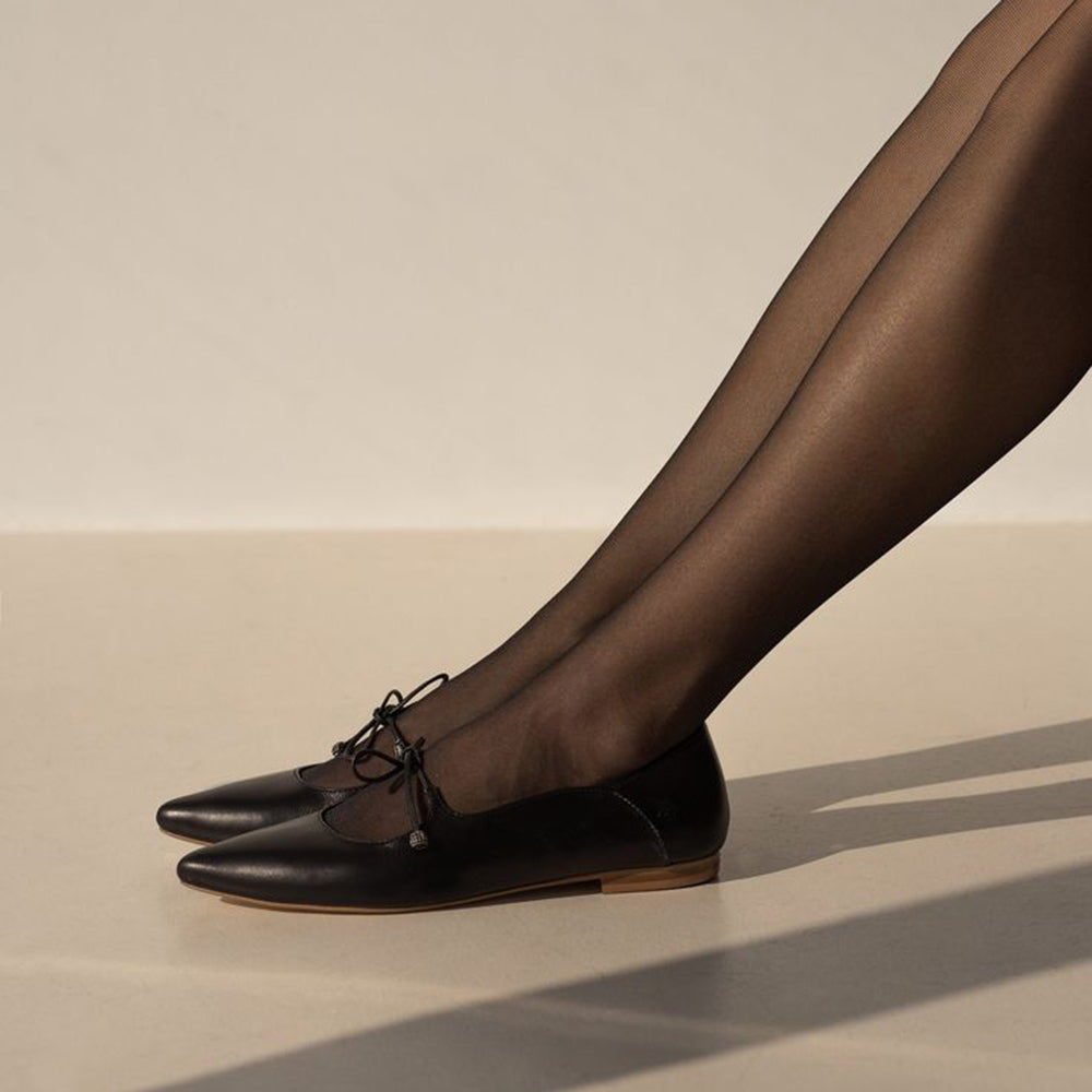 Black Vegan leather Lace-Up Bow Pointed Toe Flats Shoes for Women